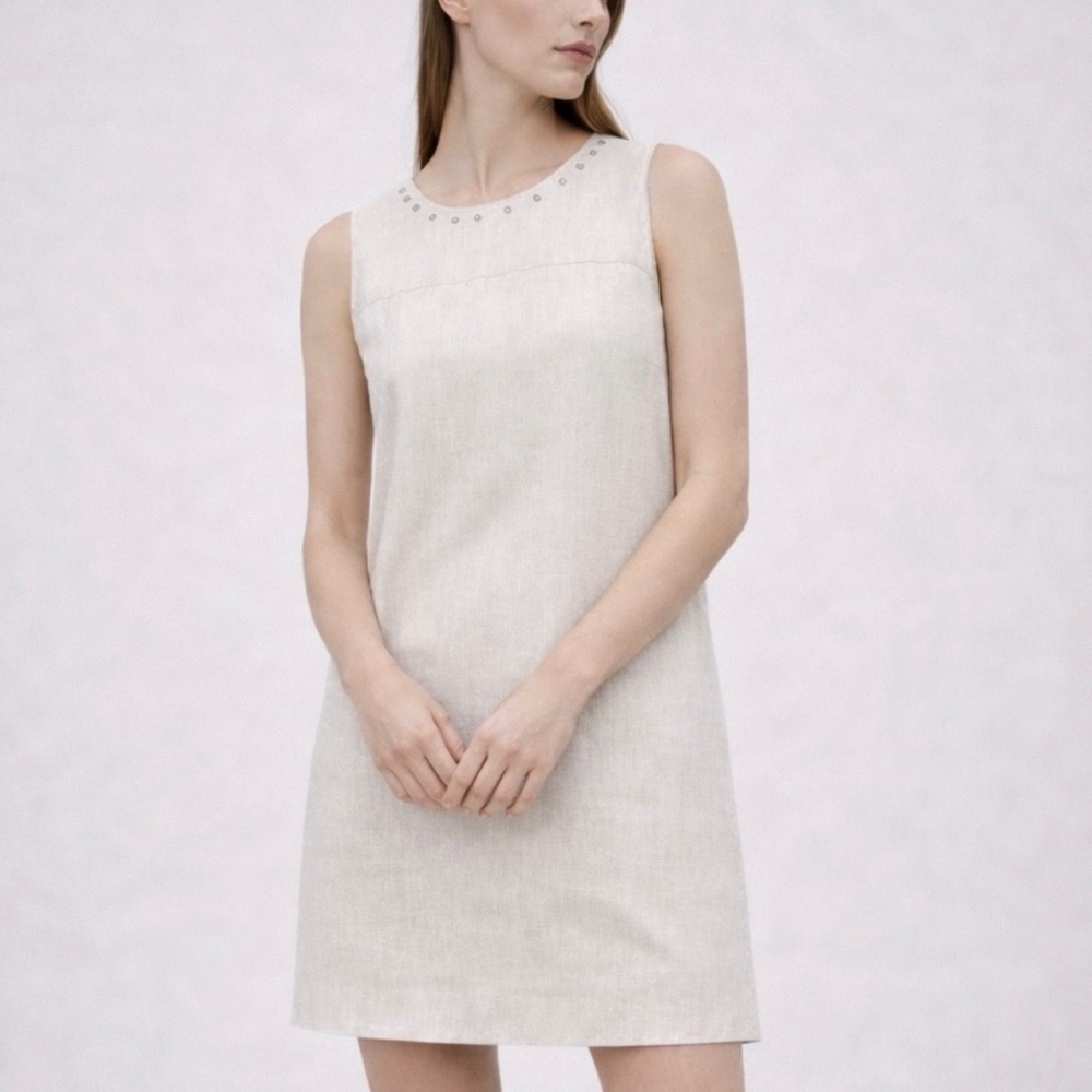 Cynthia Rowley White Linen Blend Sheath Mini Dress Silver Studded Neck | Size 2